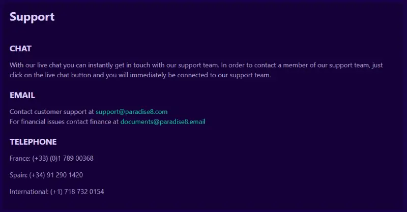 Paradise8 Casino Customer support